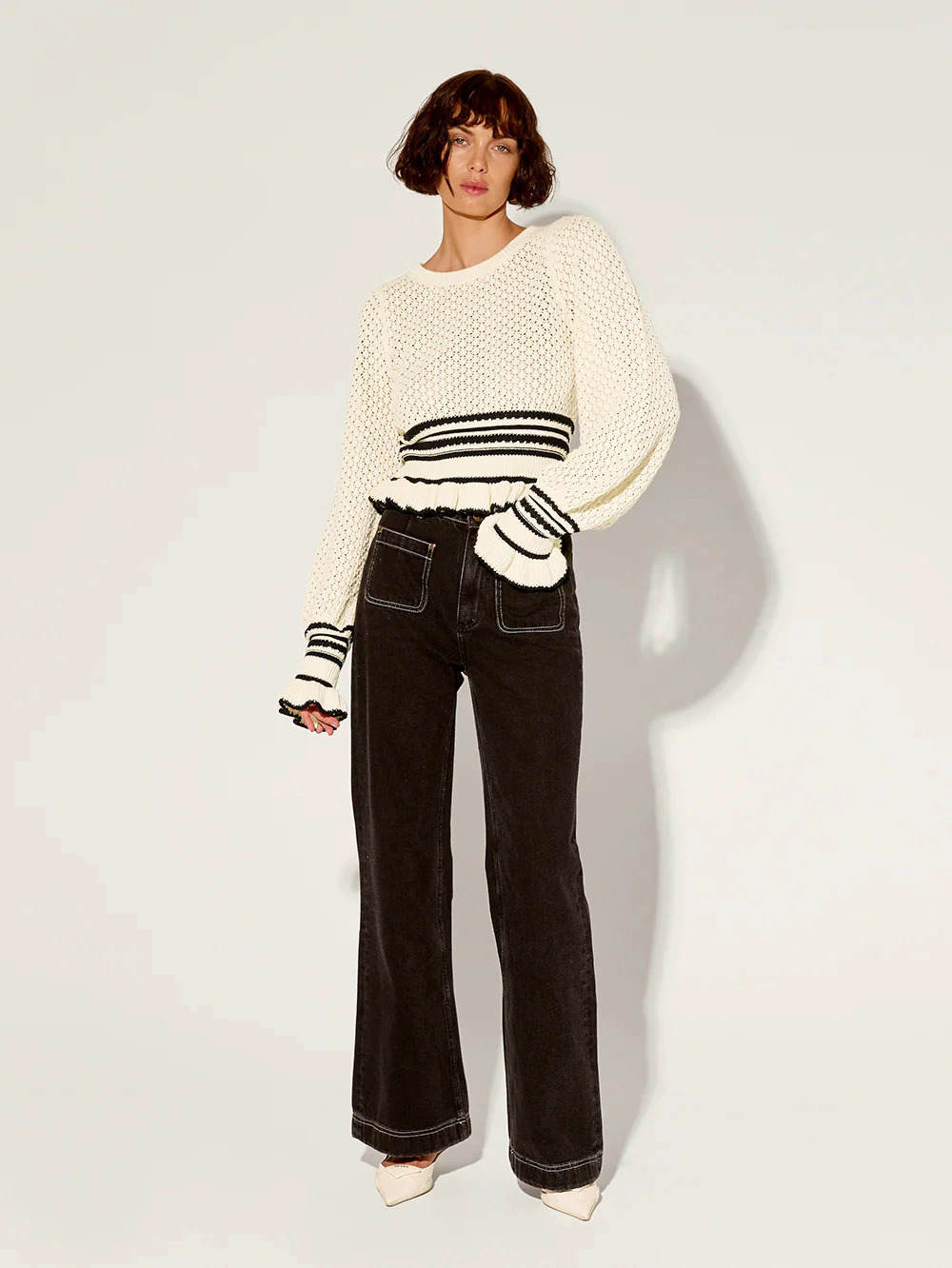 ZARA Ruffle Trim Contrast Color Knit Sweater - Picture 3 of 6